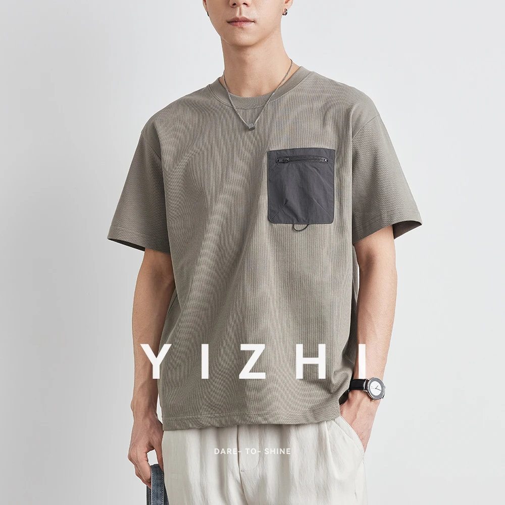 Summer Men's New Round Neck Pocket Couple T-shirt Fashion Loose Half Sleeve Top Casual Micro Elastic Five-point Sleeve Cotton