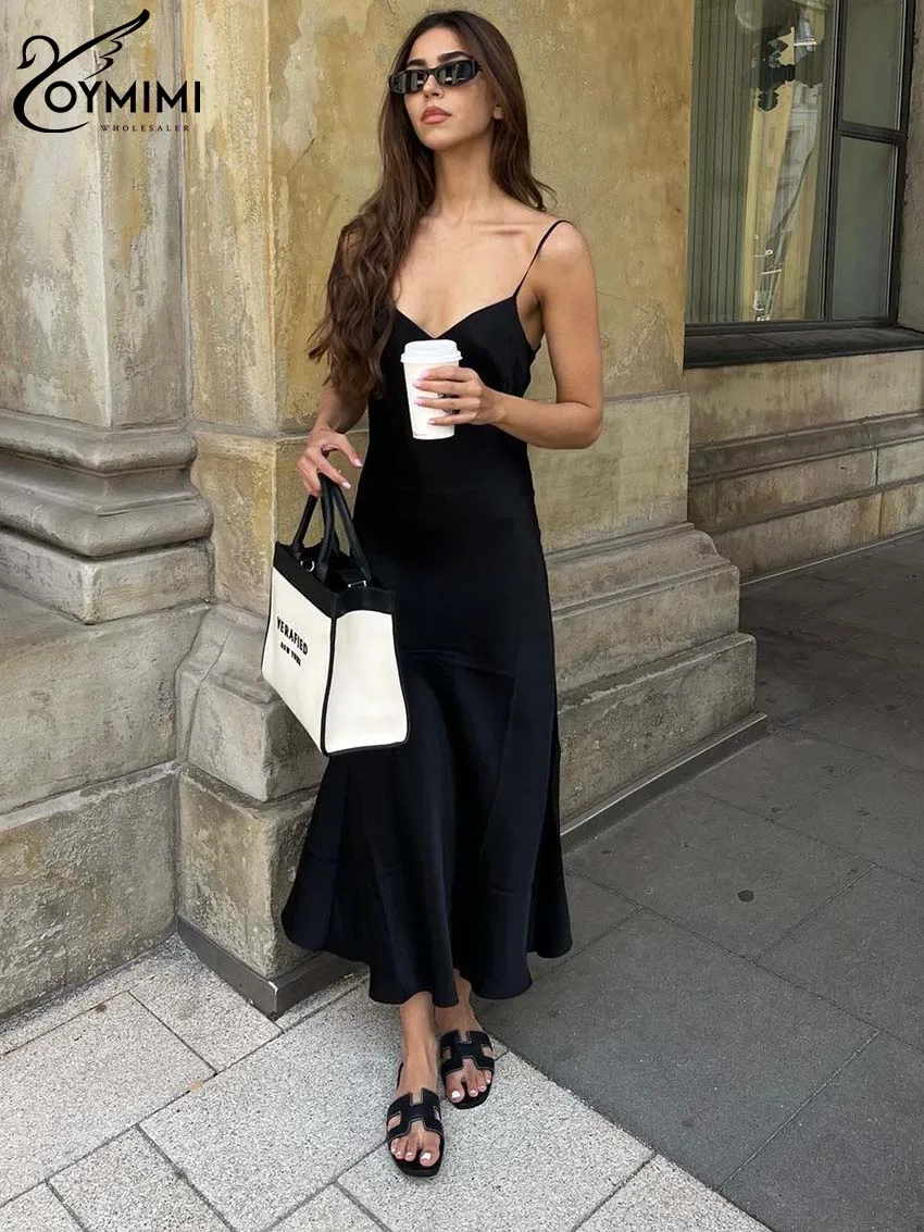 

Oymimi Summer Black Deep V-Neck Women's Dress 2024 Elegant Spaghetti Strap Straight Dresses Casual Solid Mid-Calf Dresses Female