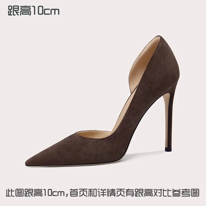 Spring and summer new color suede side empty low-heeled OL sandals thin high-heeled banquet large size small size women's shoes