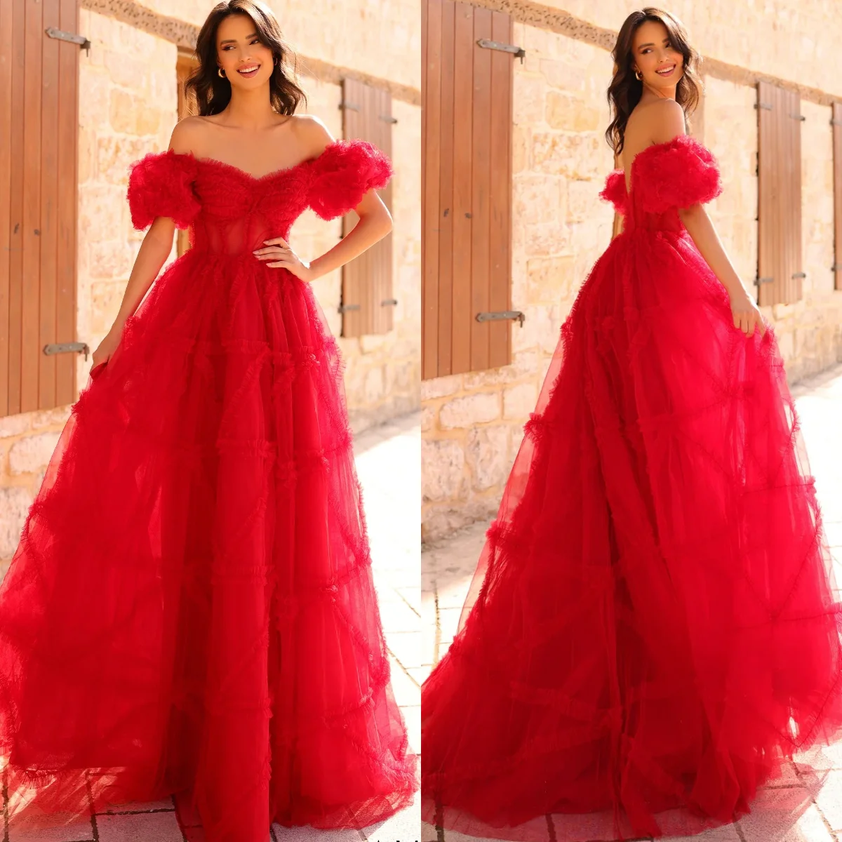 

Gorgeous Red Prom Dresses For Women Tiered Tulle Ruffles Long Evening Dress Off The Shoulder Formal Party Gown