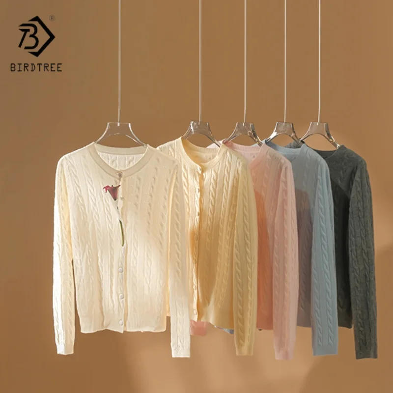 

Birdtree 100% овечья шерсть вязаный кардиган с витым цветком, женское пальто с круглым вырезом и длинными рукавами, осенние однобортные топы T59719JF