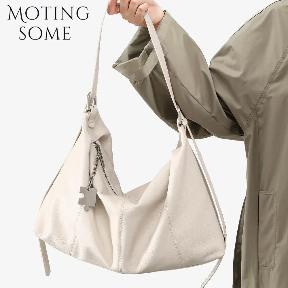 Motingsome 100% Genuine Leather Hobos Woman Handbag Soft Calfskin Crossbody Luxury Designer Daily Purse Balck Oversize Tote 2025