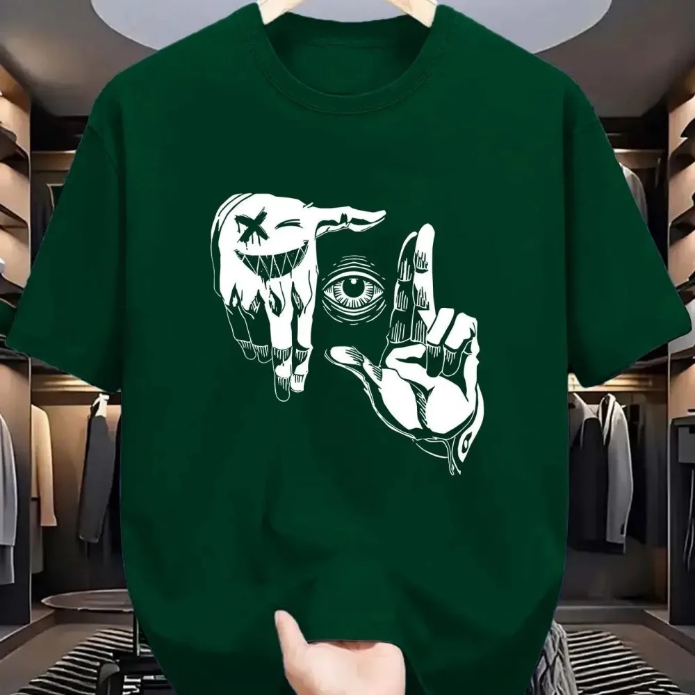 تي شيرت رجالي صيفي من البوليستر موديل 2025 برقبة دائرية قابل للتنفس مع نمط شخصي للعين الإيماءات مطبوع في الهواء الطلق