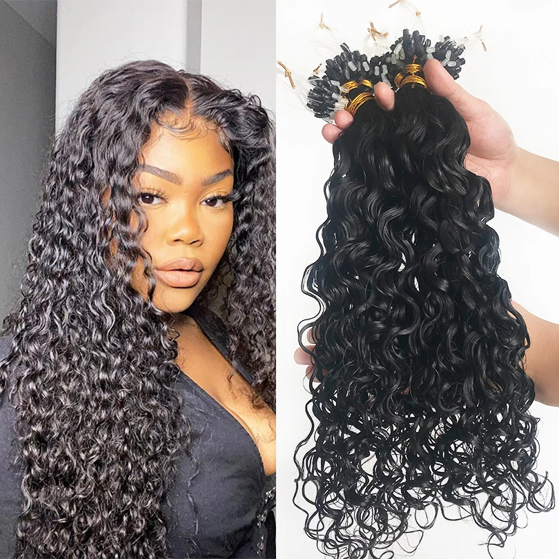 Water Curly Human Hair Remy Micro Link Hair Extensions Human Hair 100 Strands Micro Beads Human Hair Extensions