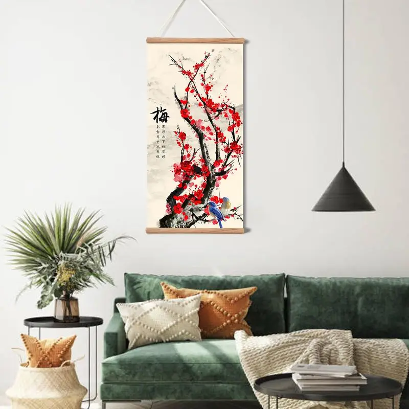 VIKAMA Oriental Plum Flower Bird Wall Hanging Tapestry Wooden Hanger Chinese Ink Art Home Entryway Study Wall Decor