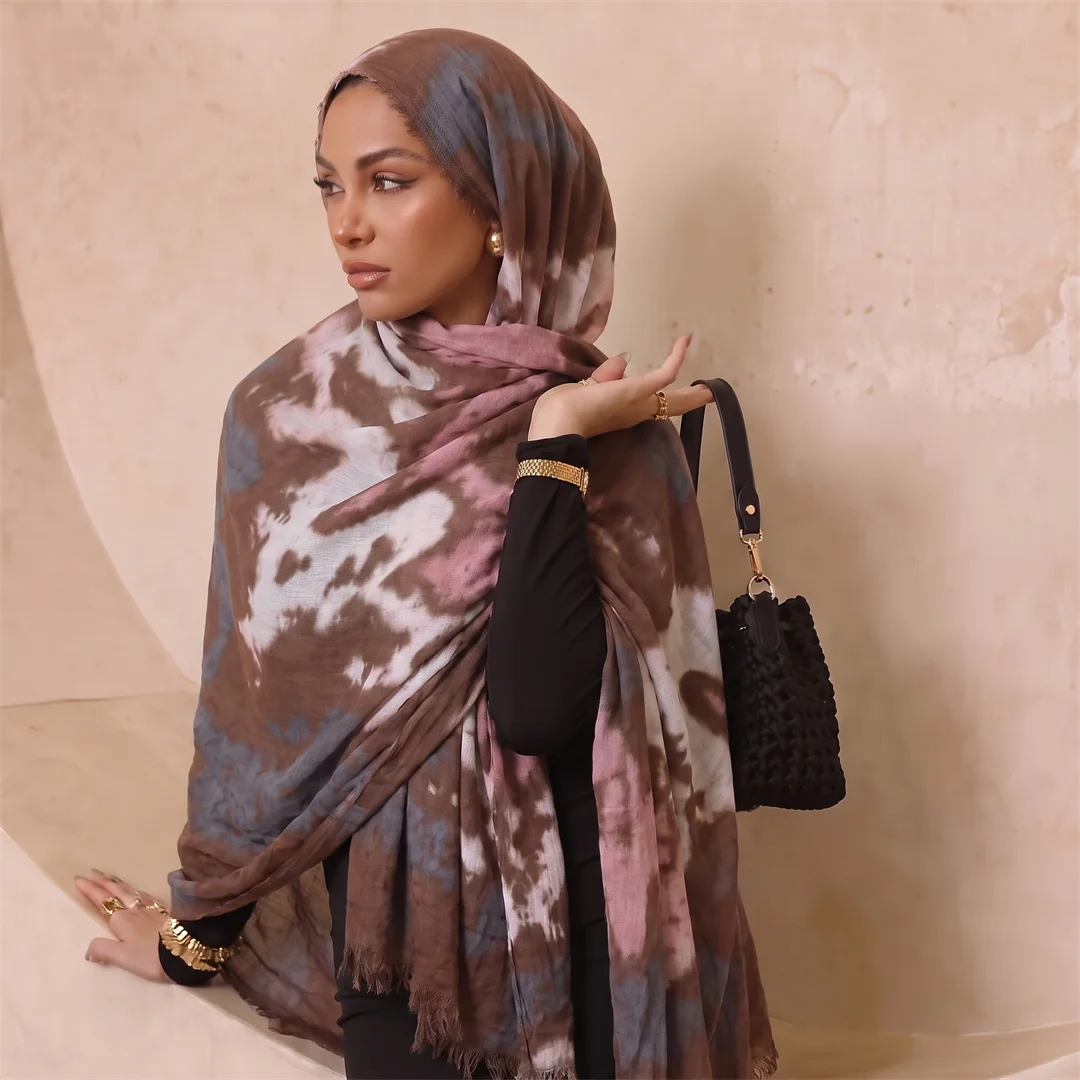 Boho Tie Dye Print Rayon Hijab Scarf Fringe Edge Soft Light Muslim Women Headscarf Wrap Breathable Islamic Daily Turban Shawl view 2