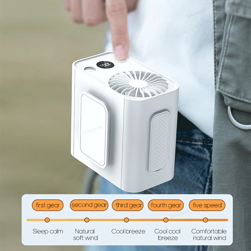 مروحة خصر محمولة بقدرة 3600 مللي أمبير في الساعة و5 سرعات للتخييم في الهواء الطلق، مروحة هواء قابلة لإعادة الشحن مع ضوء وشاشة LED لممارسة رياضة المشي لمسافات طويلة