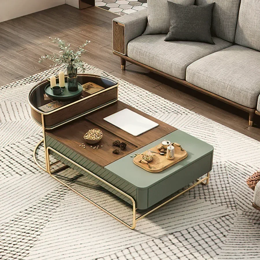 Lift-top Modern Nesting Coffee Table Set with Drawer, Tempered Glass Top Side Table, 39.37'', Green