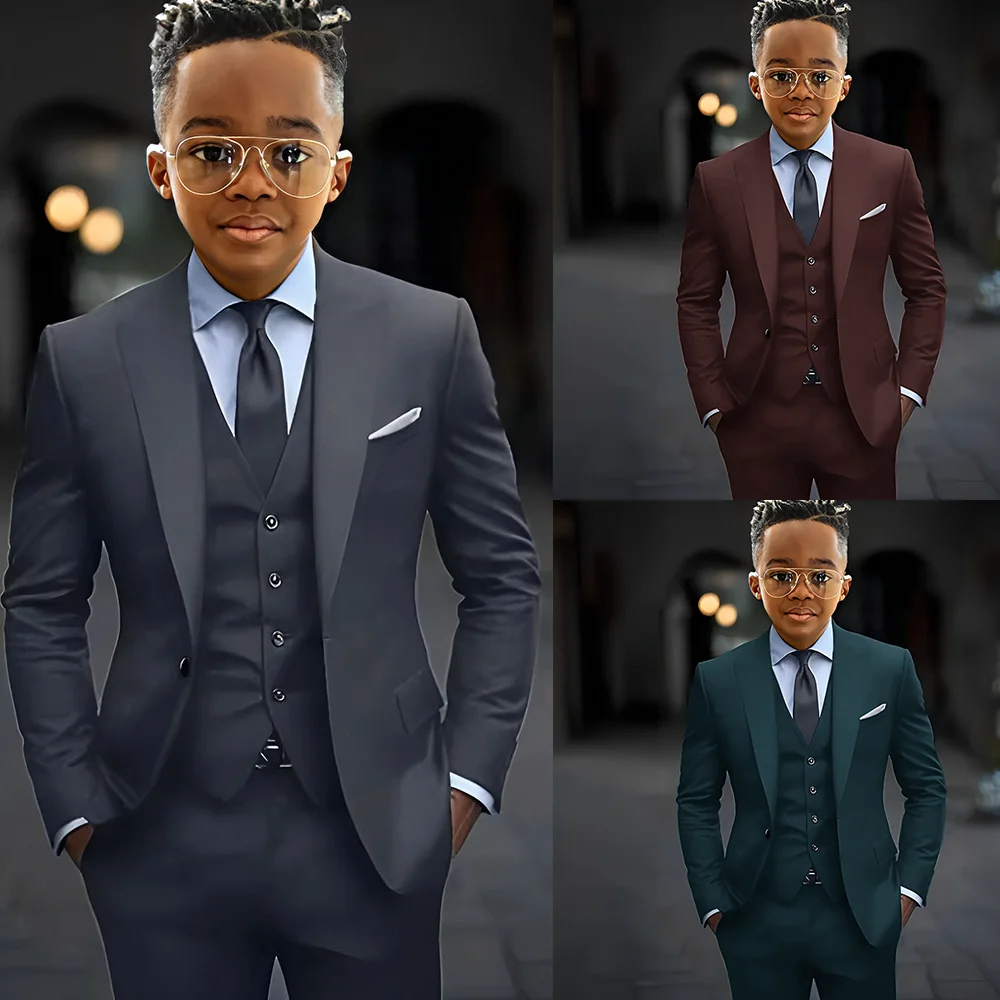 Dark Grey High Quality Boy Suits Slim Fit Single Breasted Peak Lapel Elegant Boy 3 Piece Jacket Pants Vest Kids Sets