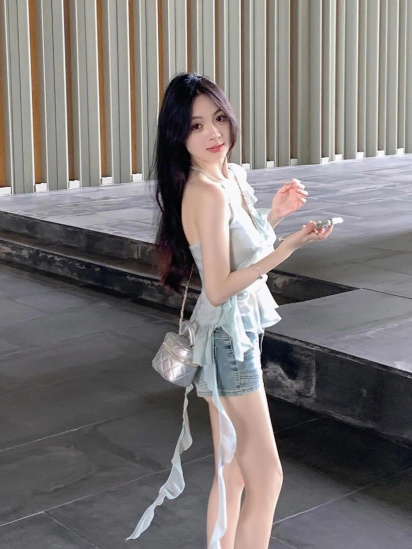 

Summer Blue Strap Vest Girl Style Floral Drifting Belt Irregular Top Women's Fashion High Waist Gentle Style Short ...