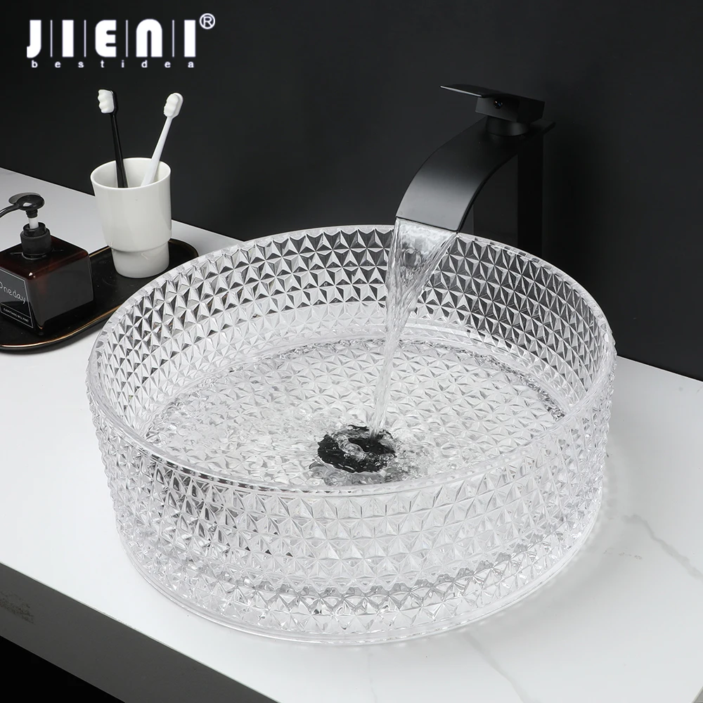 Jieni-conjunto de Bacia de Vidro Espesso Transparente Pia do Banheiro em Forma de Diamante Textura Torneira Preta Fosco Drenagem Pop-up Torneira Misturadora