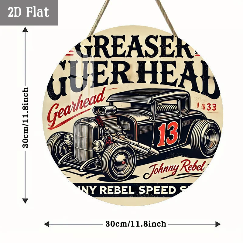 2D Flat, 1pc Johnny Rebel Retro Car Art Woodblock - Vintage Greaser Theme Round Wooden Wall Decor Suitable for Home, Garage, Caf