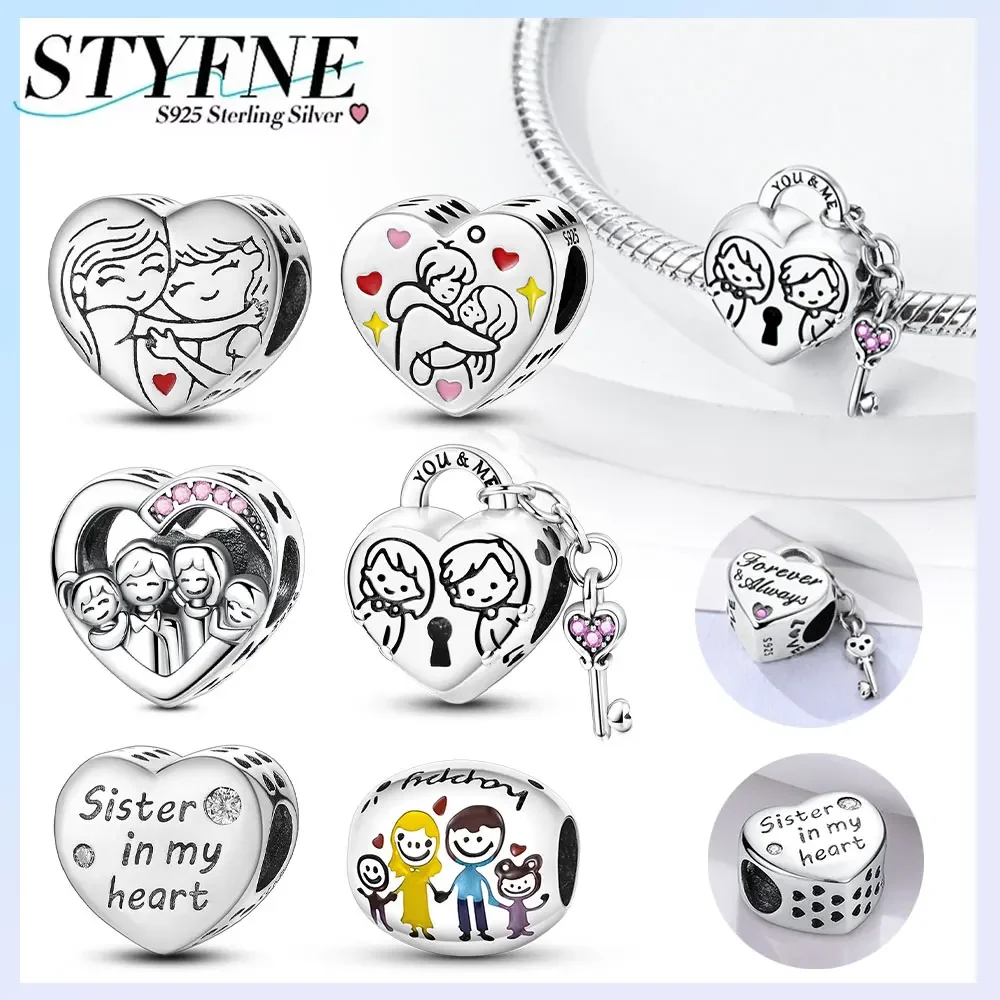 Charms 925 Silver Plated Brown Boys Girls Gift Relatives Sisters Pink Hearts Beads Fit Bracelet Women Diy Gift Accessories