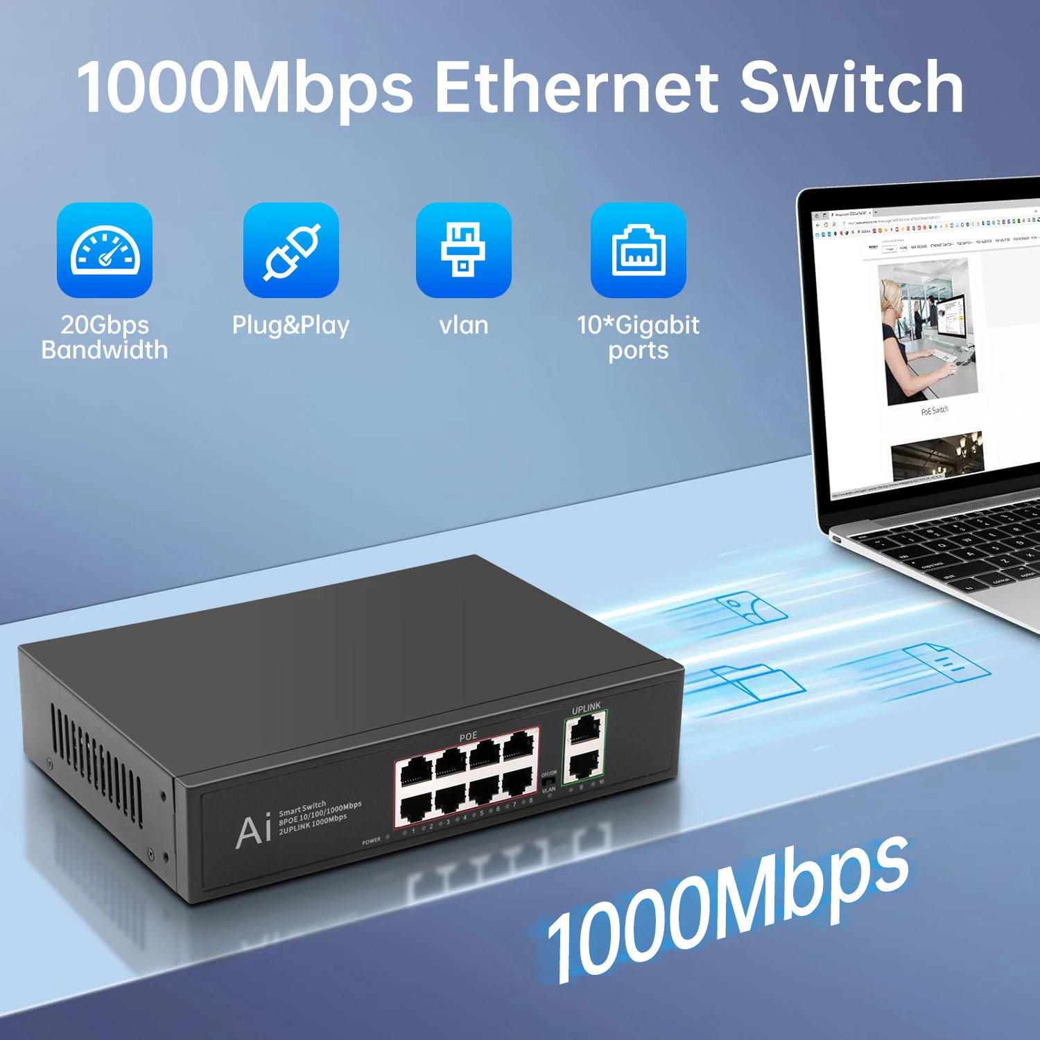10Port Gigabit POE Switch 2 Uplink +8 POE 1000Mbps 802.3af/at Vlan Plug and Play Ethernet Switch For Camera PC