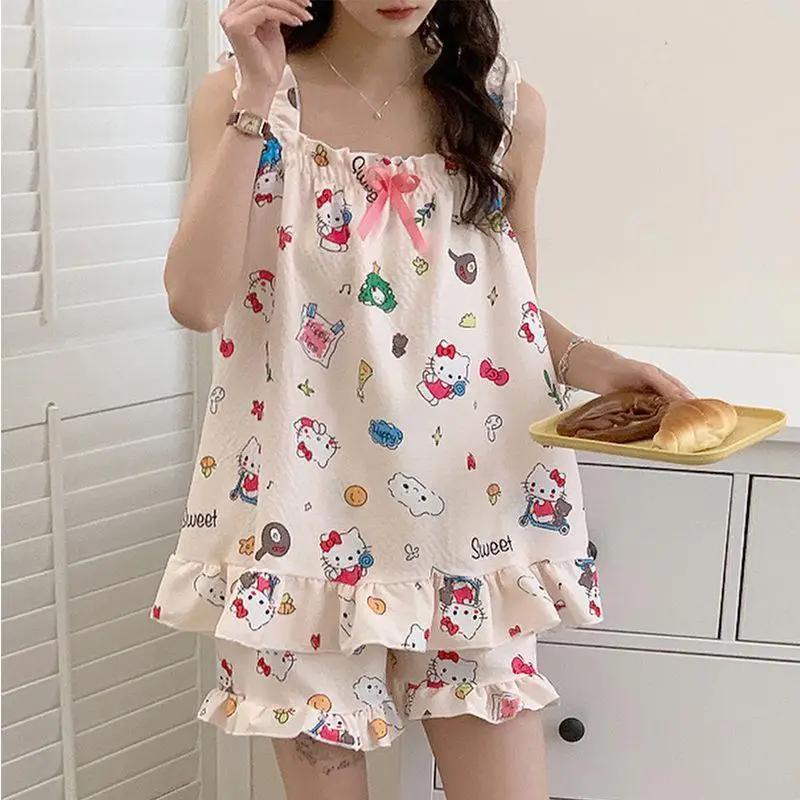 Kawaii Sanrios Hello Kitty Cartoon Girls Suspender Pajamas Set with Chest Pad Loungewear Anime Breathable Shorts Homewear Gift