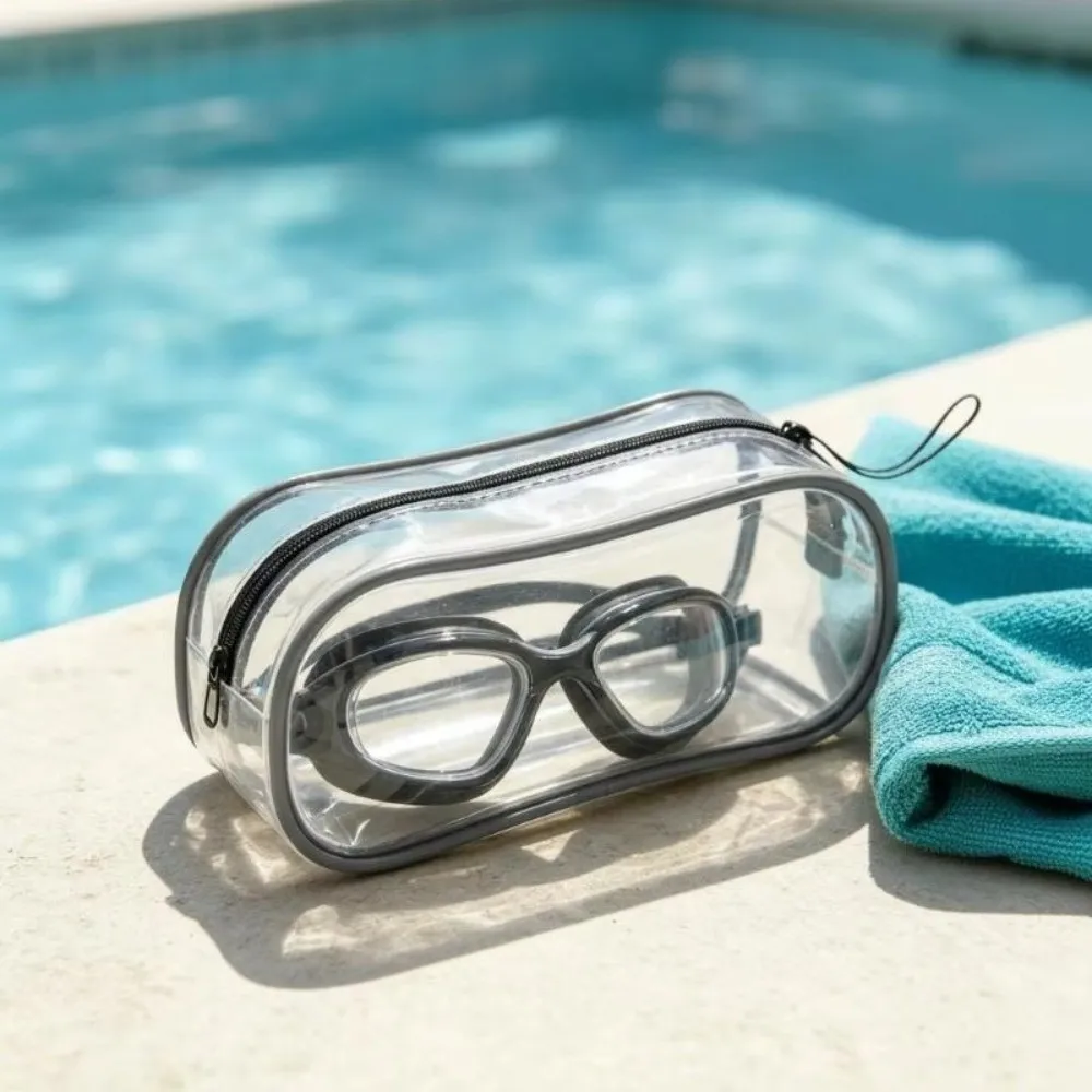 PVC Material Swim Goggles Case Transparent Design Breathable Fabric Protective Zipper Cover Anti-Scratch Coating