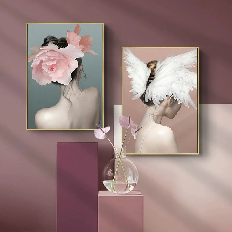 

2pcs/Set Abstract Floral Feather Woman's Back View Canvas Poster Wall Art Wall Decorative Painting Modern Living Room Home Decor