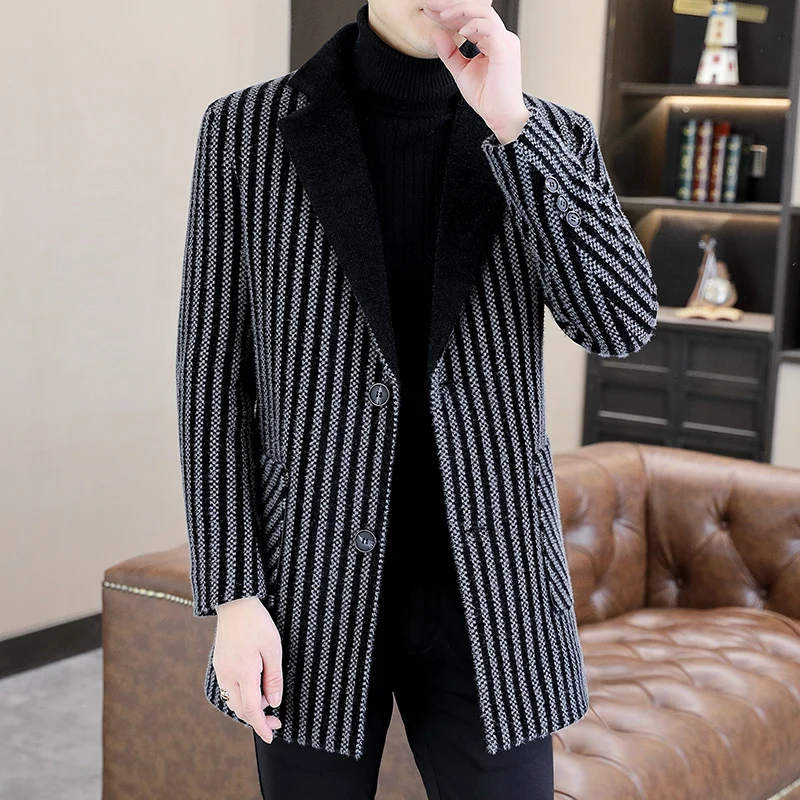 Classic Autumn Winter Men's Mid-Length Woolen Coats Casual Striped Overcoat Outwear Windbreaker Business Warm Long Jackets