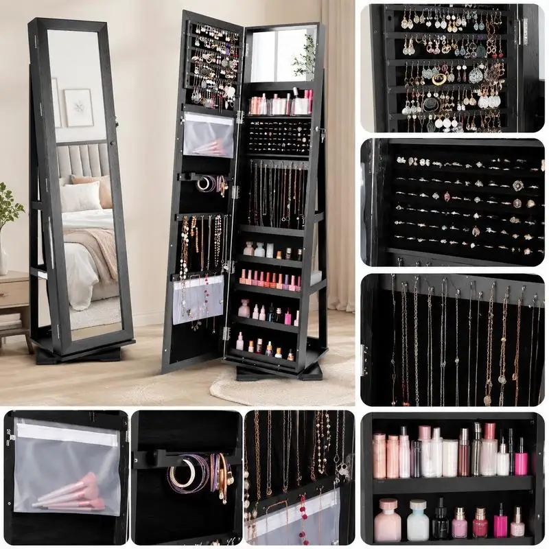 Rotating Jewelry Armoire with Full-Length Mirror, 160x40cm Freestanding Jewelry Organizer Cabinet, LED Lights Velvet Lined Lockable Storage with Multi-Compartments for Bedroom and Retail Display