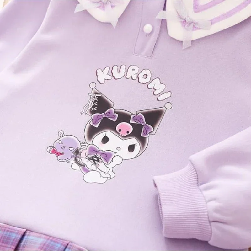 Sanrio Kuromi Children Anime Clothing Spring Autumn Cartoon Girl Peter Pan Collar Fake Two Dresses Kids Plaid Cute Festival Gift