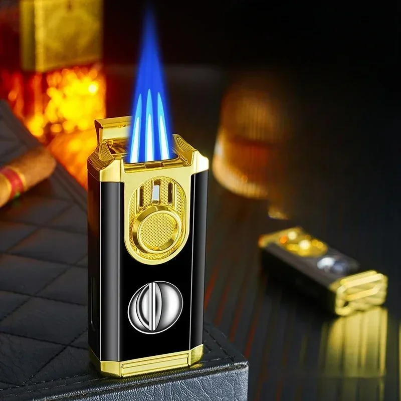 

Hot Sales Multifunctional Cigar Lighter Powerful Three Blue Flame Visible Gas Window V-shaped Cigar Cutter Ignition Gadgets