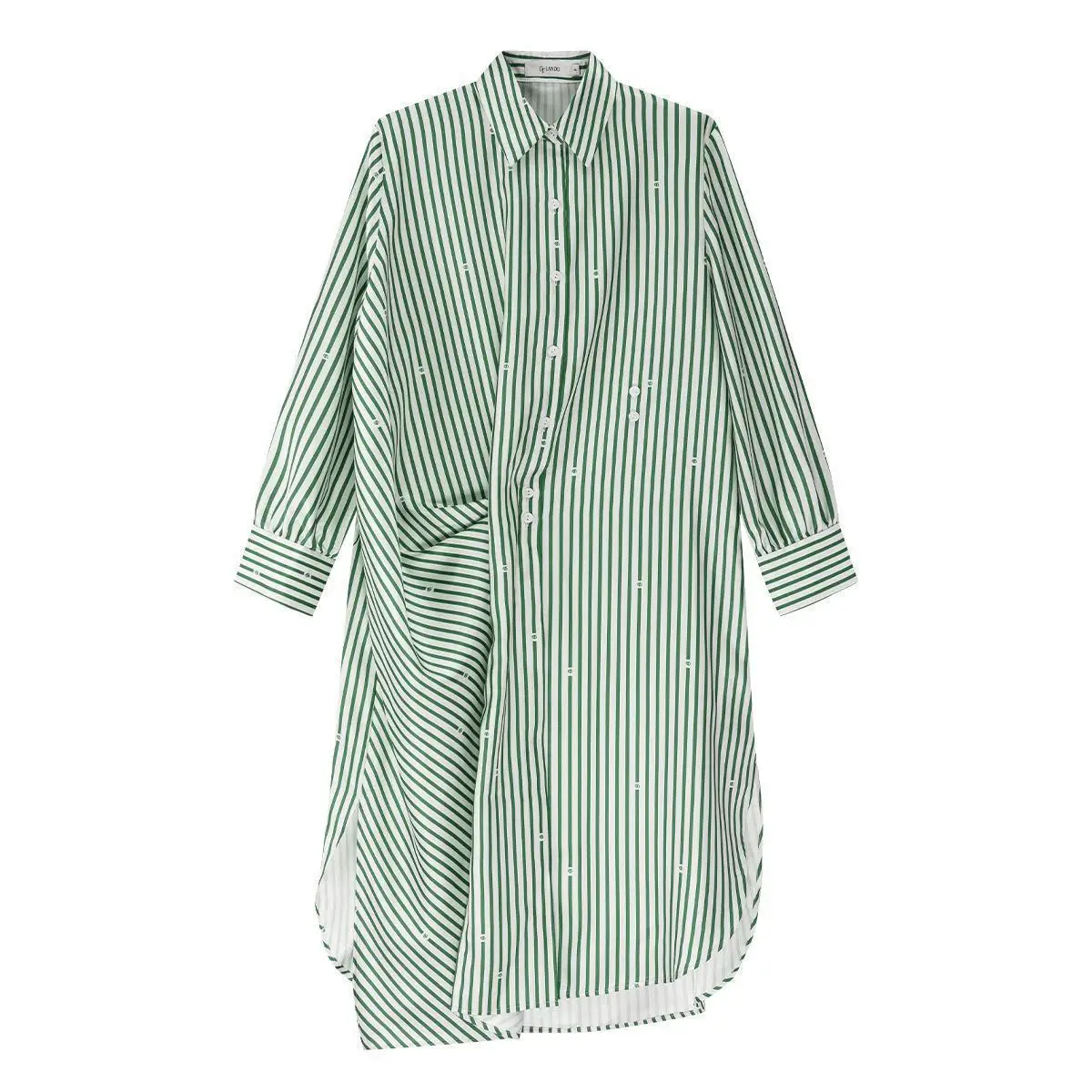

SuperAen Asymmetrical Striped Polo Collar A-line Dress 2026 Spring New Folds Waist Loose Drape Long-sleeved Long Dress