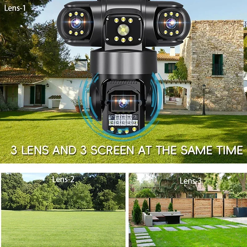V380 Pro Three Lenses Three Screens Camera 12MP Multi-Angle Color Night Vision WiFi PTZ Security IP Camera CCTV Surveillance Cam
