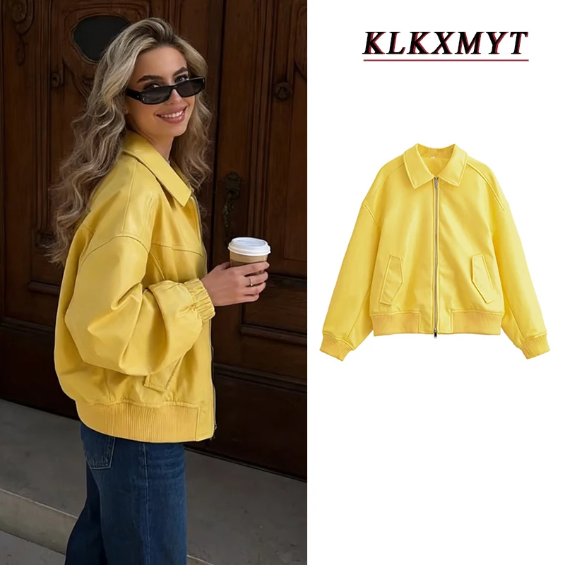 

Женская модная желтая кожаная куртка свободного кроя на молнии с длинными рукавами и отложным воротником, весна-осень 2026, уличная одежда