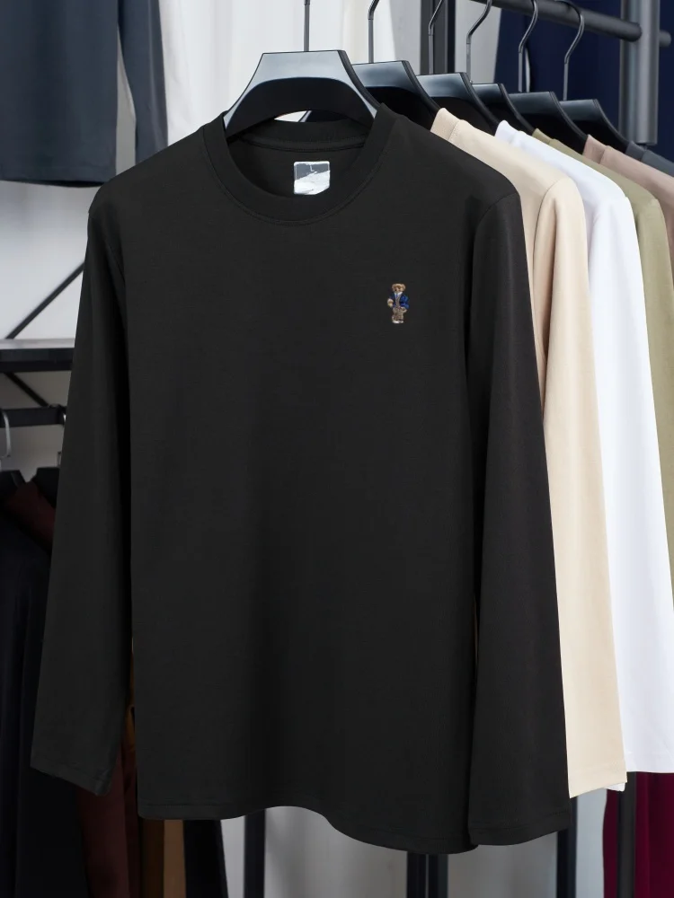 خريف جديد الرجال المألوف تنفس طويلة الأكمام تي شيرت الراقية العلامة التجارية الدب التطريز تصميم مريح جولة الرقبة أعلى #6