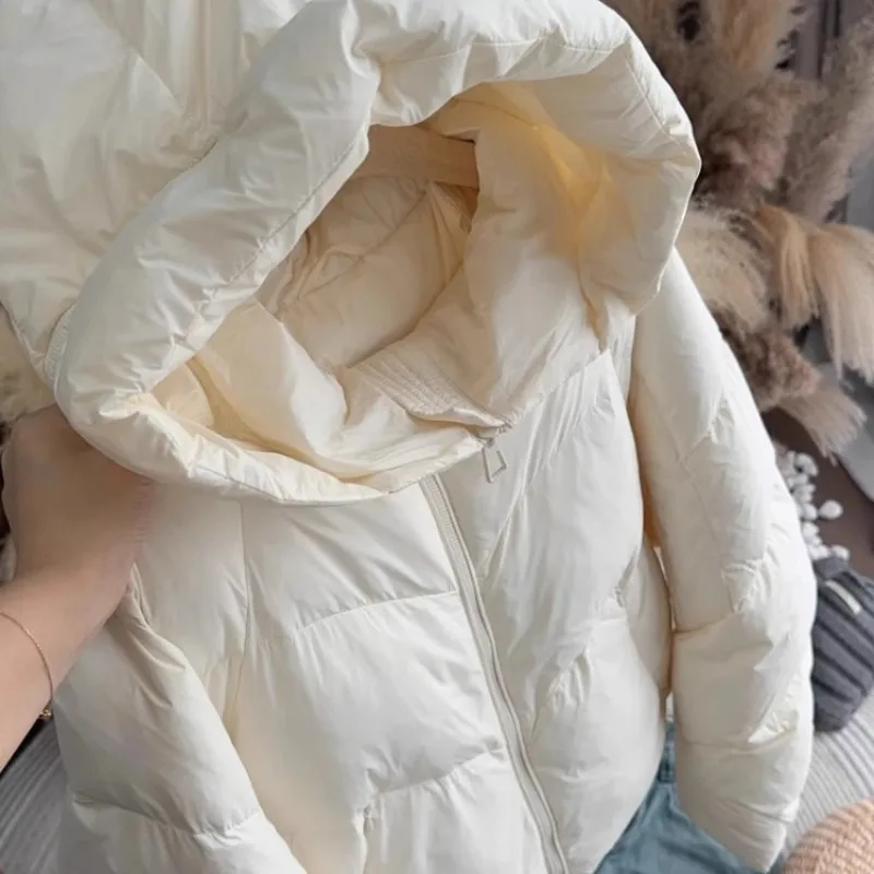 أزياء عارضة معطف المرأة الشتاء الكورية نمط أبيض قصير مقنعين سترة منفوخة سستة سميكة الدافئة مبطن فضفاضة تناسب شيك الزي #5