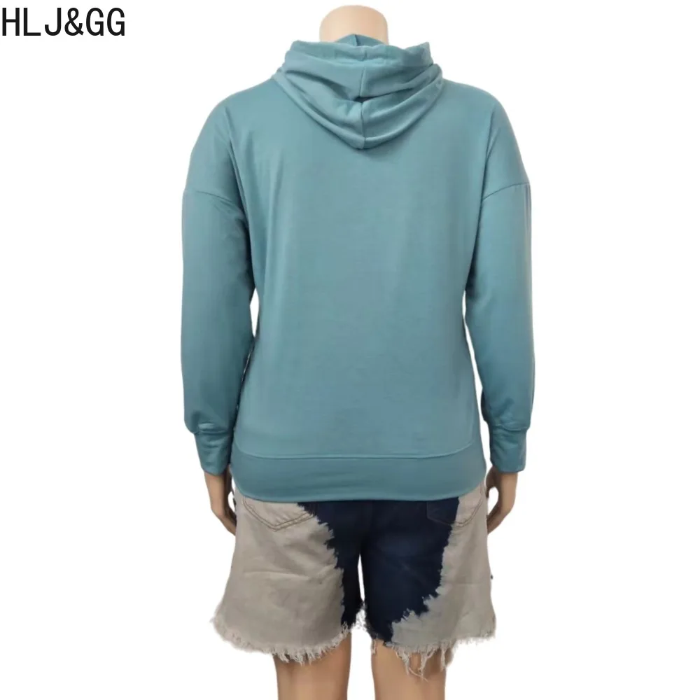 HLJ&GG Plus Size Women Letter Print Hooded Sweatshirts Women Long Sleeve Pocket Slim Tops Casual Female Matching Sporty Clothing