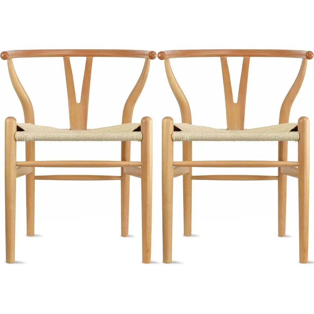 

Pair of Solid Wood Wishbone Chairs with Open Y Back and Beige Woven Seats for Dining or Office Use