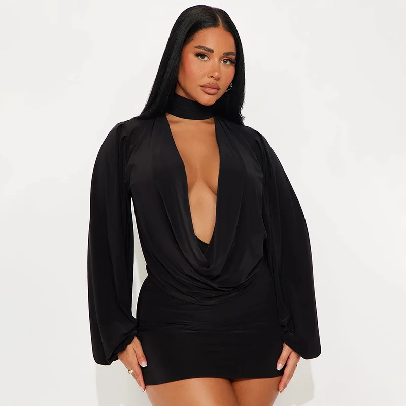 Abito con scollo a V senza schienale Abiti da donna Autunno Inverno Lanterna T-shirt a maniche lunghe Mini gonna aderente Set coordinati in due pezzi