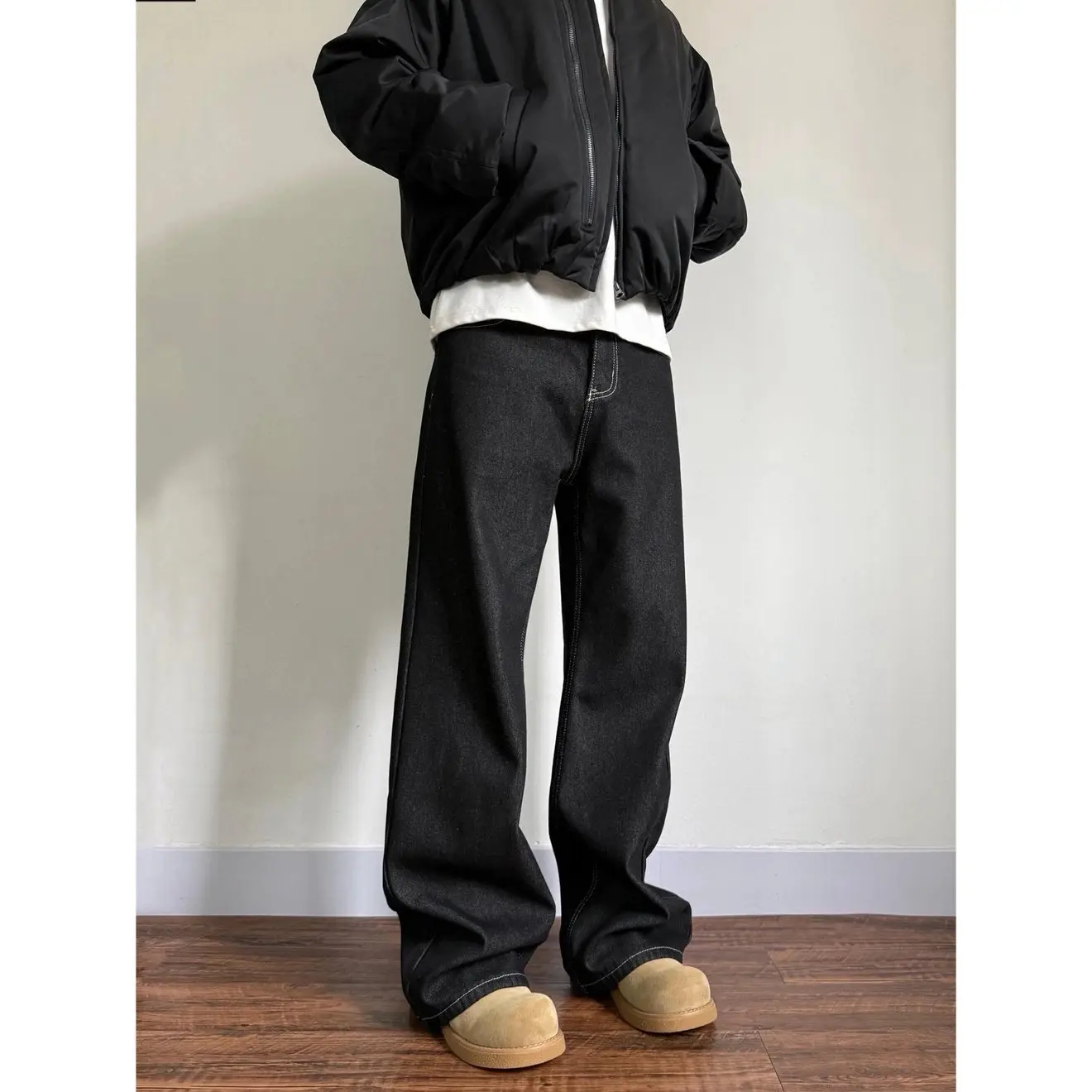 

Джинсы из выстиранного денима с флисовой подкладкой, прямые широкие брюки, зимние, с композитным вельветом, в американском ретро-стиле, синие, повседневные