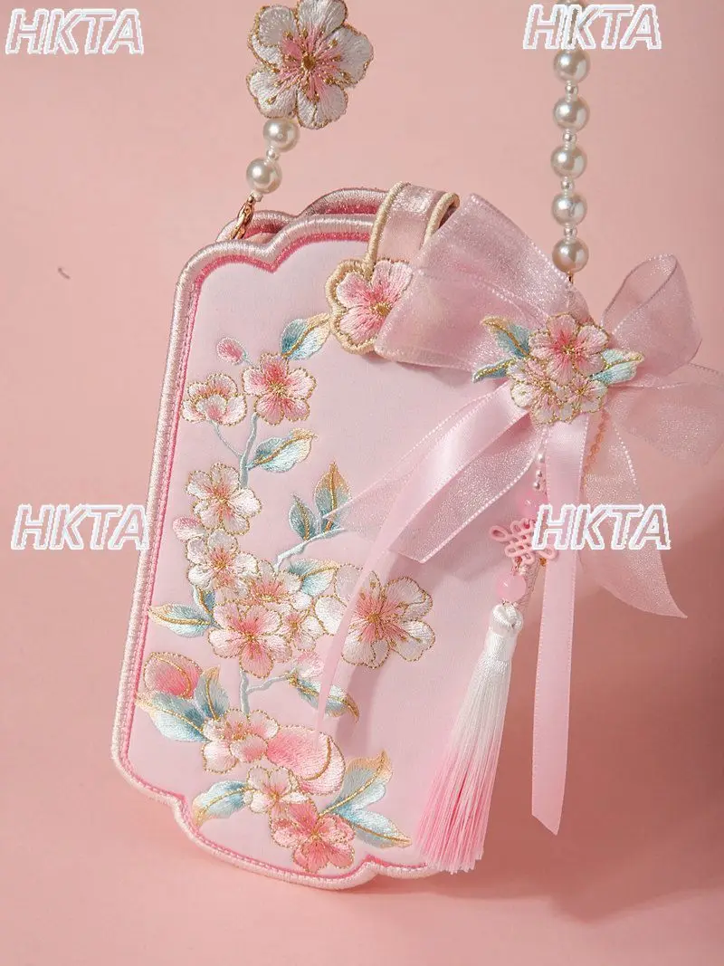 

Новая винтажная двусторонняя сумка-ханфу с вышивкой, женская, милый кавайный стиль, с жемчугом, на молнии, с кисточками, для телефона, рюкзаки для женщин