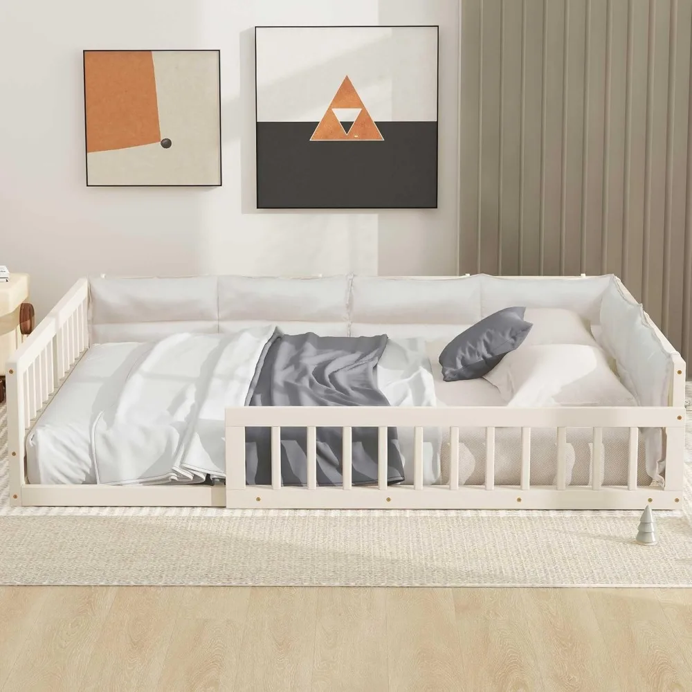 Детская напольная кровать из массива дерева в стиле Монтессори с защитными поручнями и подушкой"