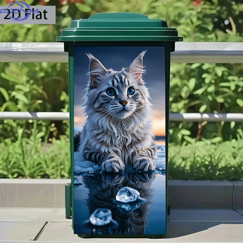 1pc of Trash Can Sticker Measuring 37×82 Cm Featuring a Design of a Silver Cat Gazing at an Ice Lake, Suitable for Wall Decora