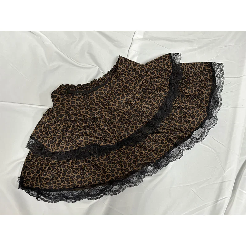 Harajuku Girls Leopard Print Punk Grunge Skirts Women 2000s Y2k Aesthetic Cake Skirt Streetwear Lace Vintage Kawaii Mini Clothes