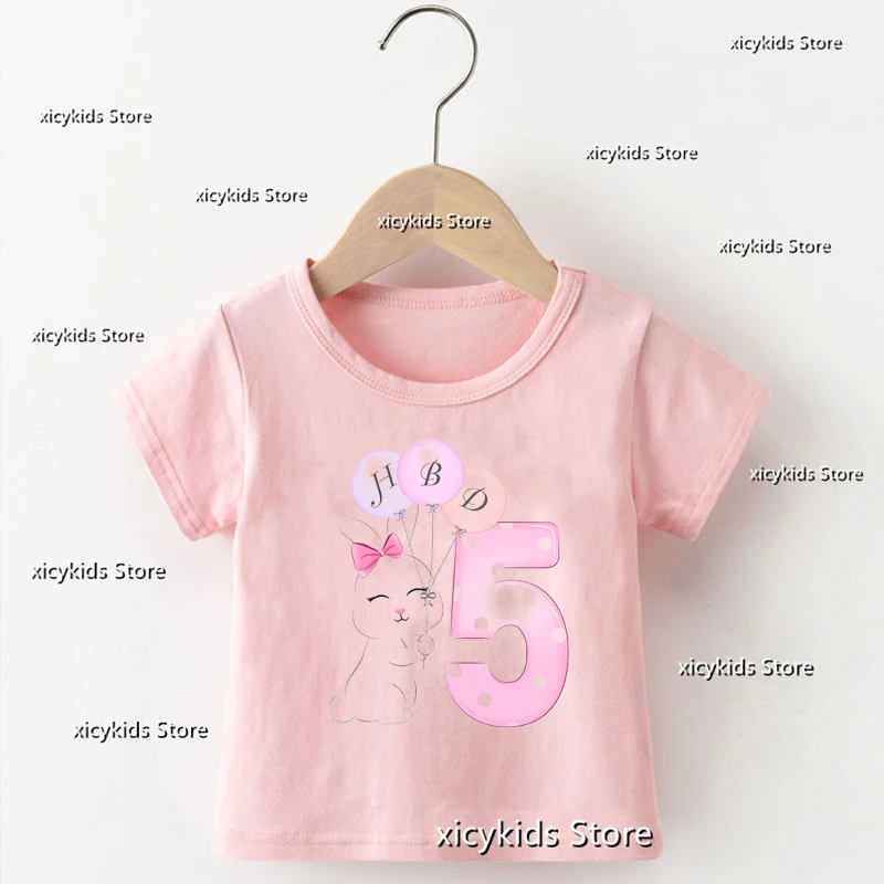 2023 Fashion Girls T-Shirt Cute Balloon Bunny Birthday Number 1-9 th Birthday Gift Clothes For kids Tshirt Girls Pink tshirts