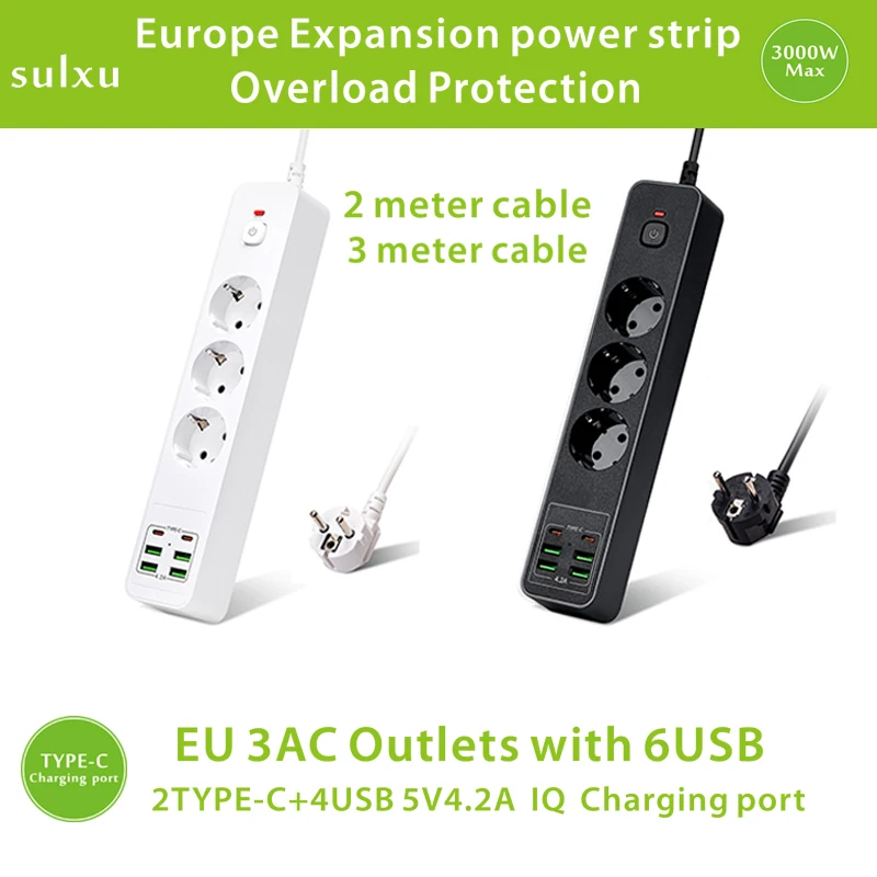 

With Overload Protection European power socket ,3AC Outlets and 4 USB+2Type-C Charging port 2-meter cable Expansion power strip