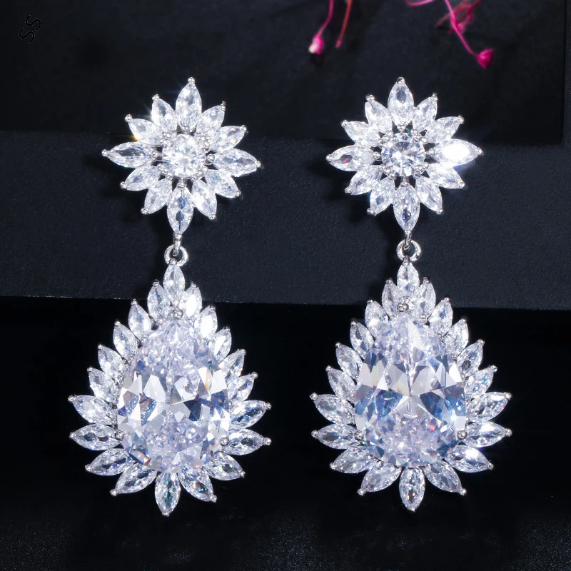 Women Full Diamond Earring Accessories Female Evening Party Garment Decoration Copper Inlaid White Gemstone Zircon Jewelry