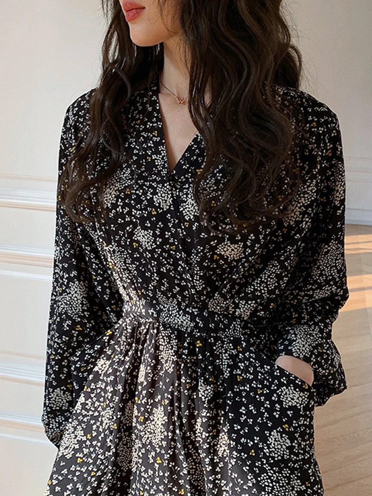 ARTKA 2023 Spring New Women Dress Elegant Loose Puff Sleeve Prints Dresses V-Neck High Waist A-Line Chiffon Long Dress A22LA055C