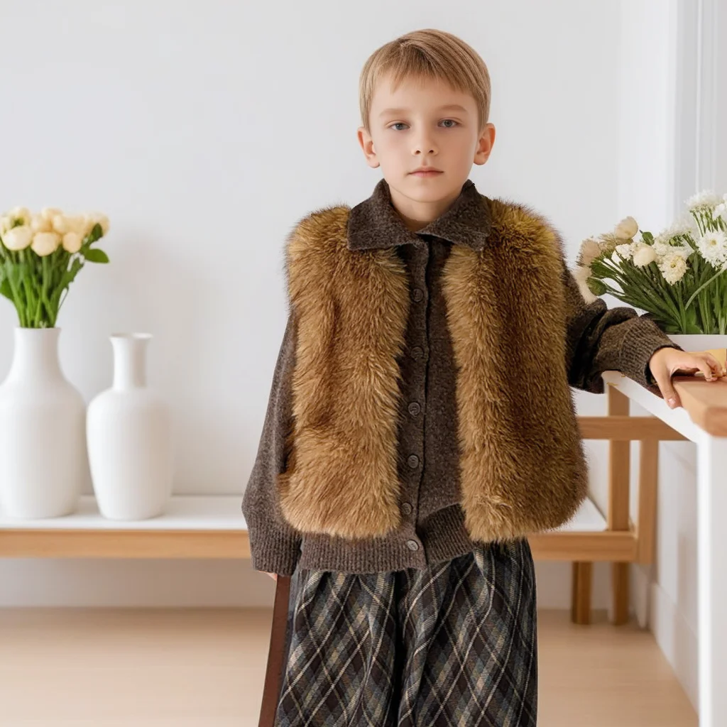 

Детский жилет из искусственного меха, зимняя теплая пышная куртка без рукавов, модный нечеткая жилетка для мальчиков, осенняя повседневная универсальная верхняя одежда для подростков 8 лет