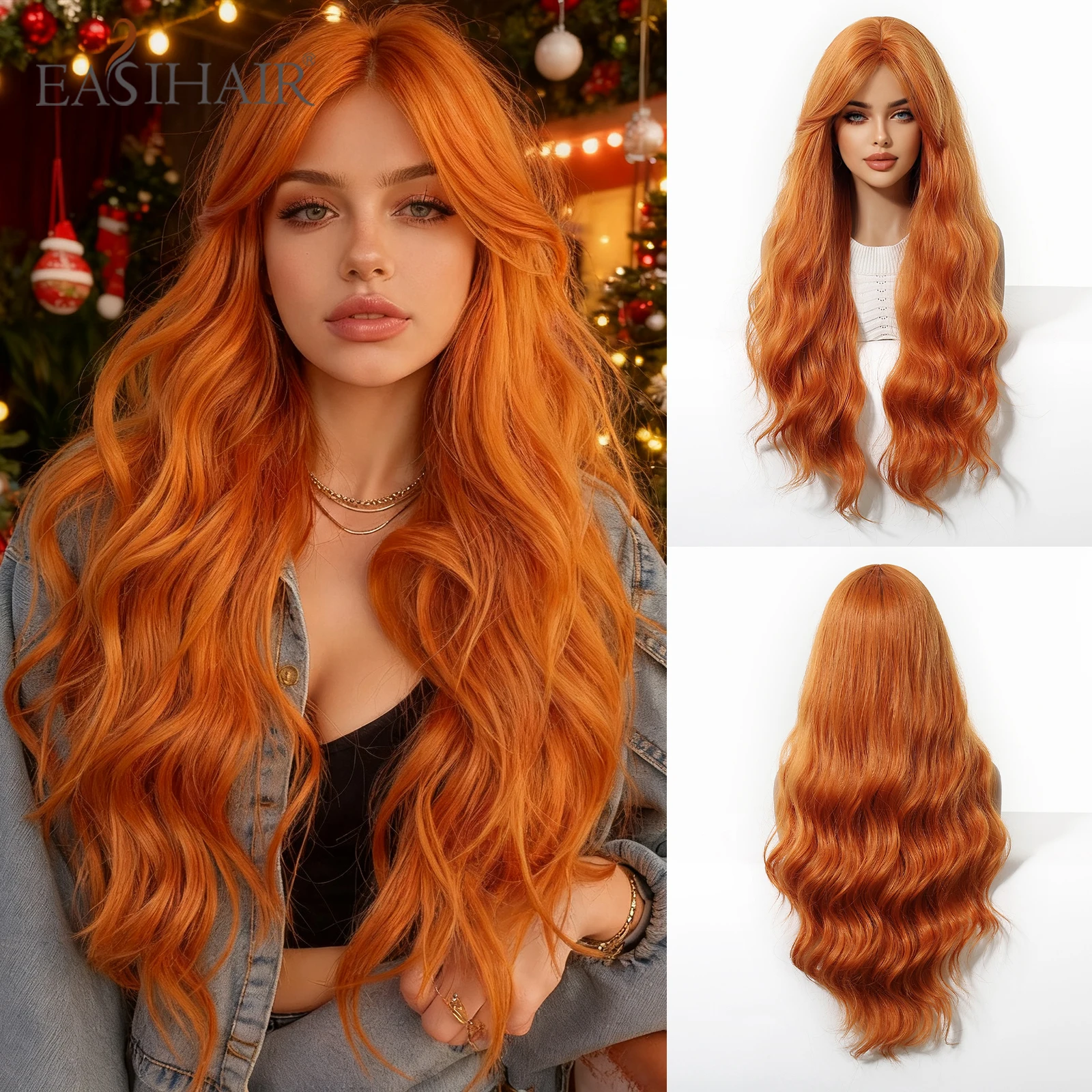 EASIHAIR 긴 물결 모양의 오렌지 합성 가발 여성용 오렌지 컬리 코스프레 가발 앞머리가 있는 자연 머리 크리스마스 축제 가발
