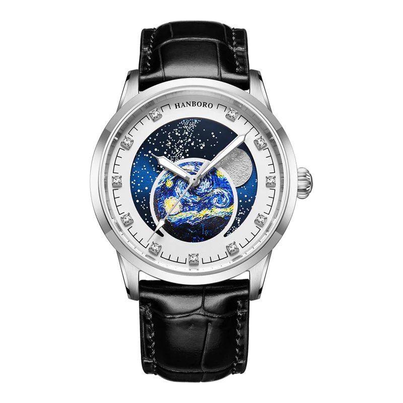 

HANBORO Men Automatic Watch Luxury Mens Moon Phase Watches Mechanical Wristwatch Luminous 50 Waterproof Sapphire Mirror Fashion