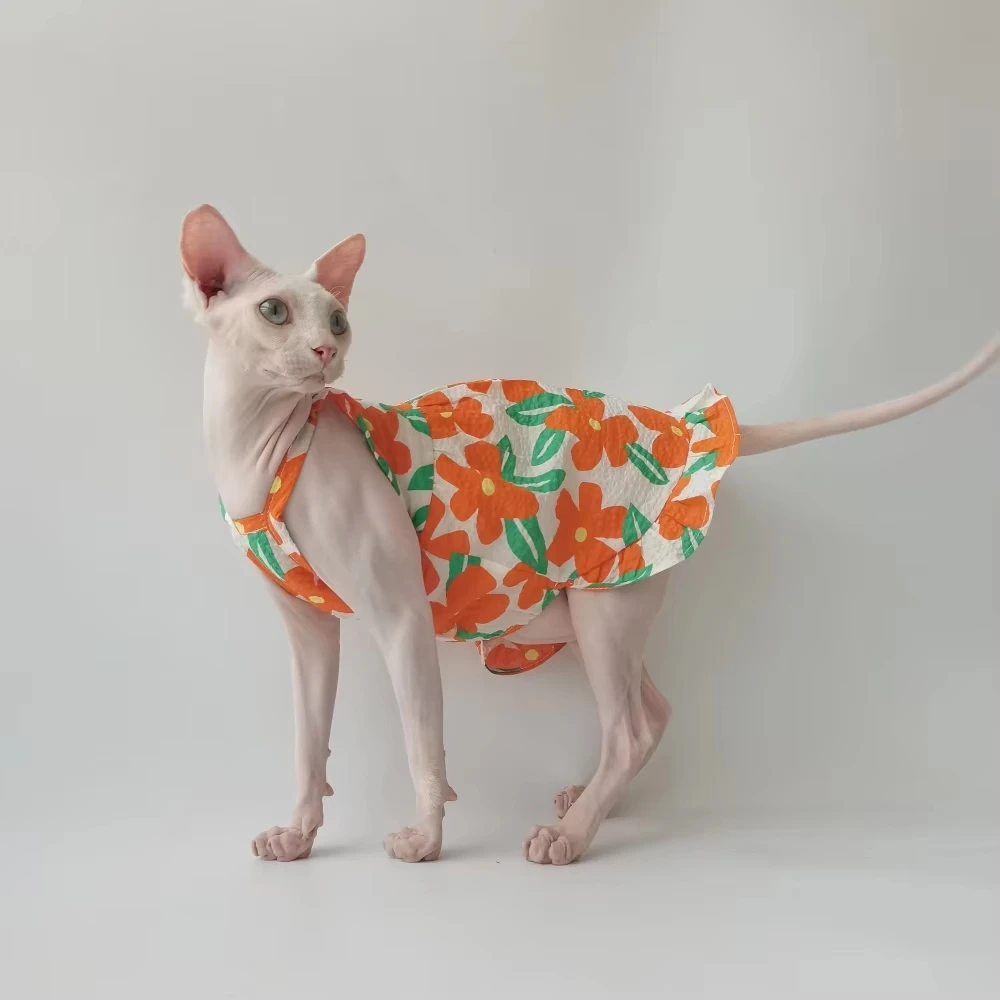

Sphynx & Hairless Cat Summer Floral Dress - Cotton Floral Skirt for Kittens, Breathable Soft Camisole with Orange Blue Design