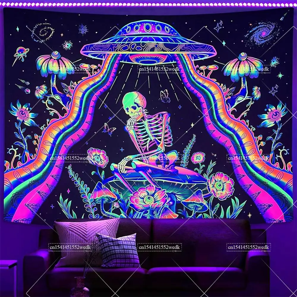 Blacklight Skeleton tapestry Glow in the Dark Skull Lover Mushroom Floral Tapestrys Neon Space Galaxy Tapestry Wall Decor Poster