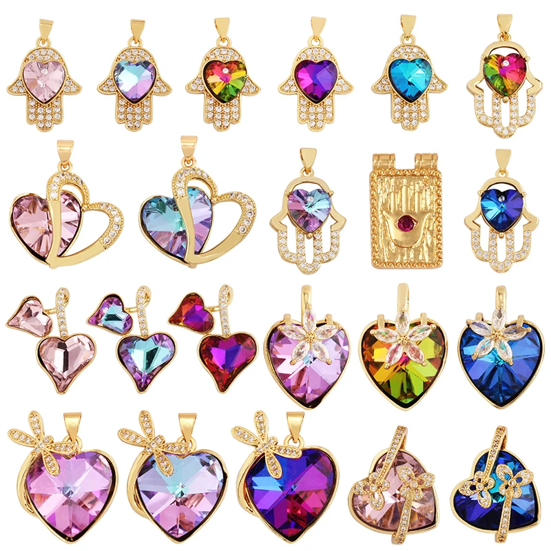 Love Heart Hamsha Hand Transparent Crystal Glass Charm Pendant,Twin Lavender Purple Red Fuchsia Flower Jewelry Making Supply M47