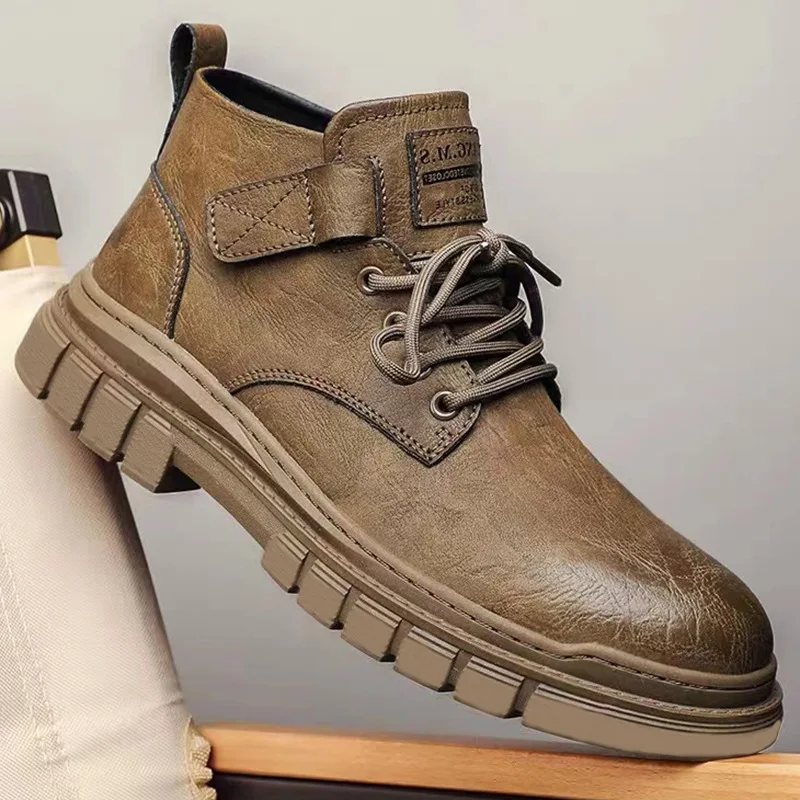 

2025 Autumn Men's Motorcycle Boots - Leather Boots with High Heels and Mid-Calf Length - Brown - Traditional British Work Boots