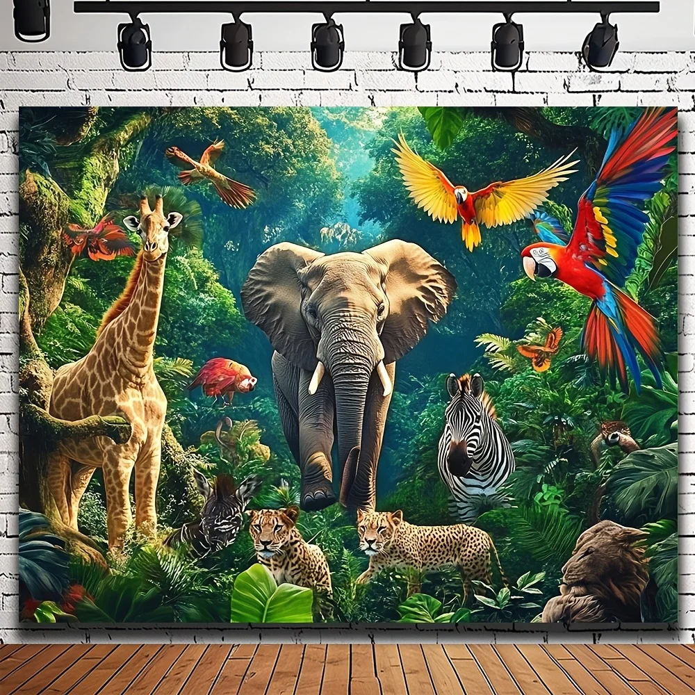 Huge Safari Jungle Tapestry Wall Mural Art Decor 150x300cm Vibrant Wildlife Hanging Elephant Giraffe Zebra Macaw Tropical Animal